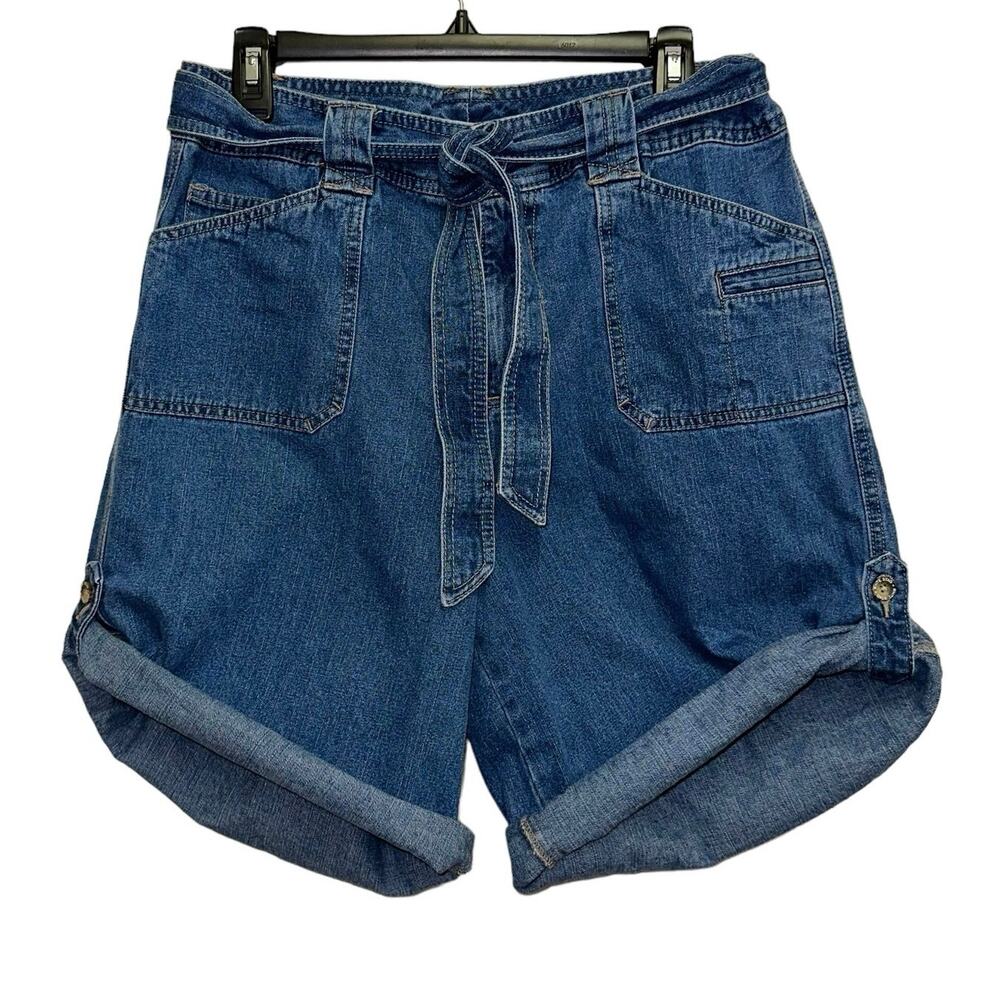 White Stag Vintage Denim Shorts Size 12 Tie Waist Cuffed Roll Tab Bermuda